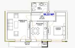 Vanzare 2 camere, 50.22 mp utili, decomandat!
