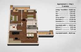 Apartament 3 camere, 80.95 mp, zona Turnisor