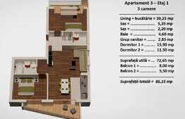 Apartament 3 camere, 86 mp, zona Turnisor