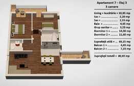 Apartament 3 camere, 80 mp, zona Turnisor