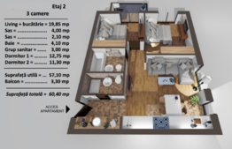 3 camere, 57.10 mp, balcon de 3.30 mp, in ansamblu rezidential nou