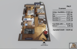 Apartament in ansamblu rezidential nou, 3 camere, 61.60mp, balcon de 3.30mp