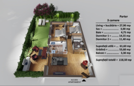 Apartament 3 camere, gradina de 53.60 mp, bloc cu lift! 