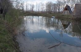 Teren cu iaz amenajat și două cabane A - frame în construcție