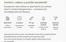 Apartament 2 camere, 47 mp, etaj 10, centrală + AC, George Enescu