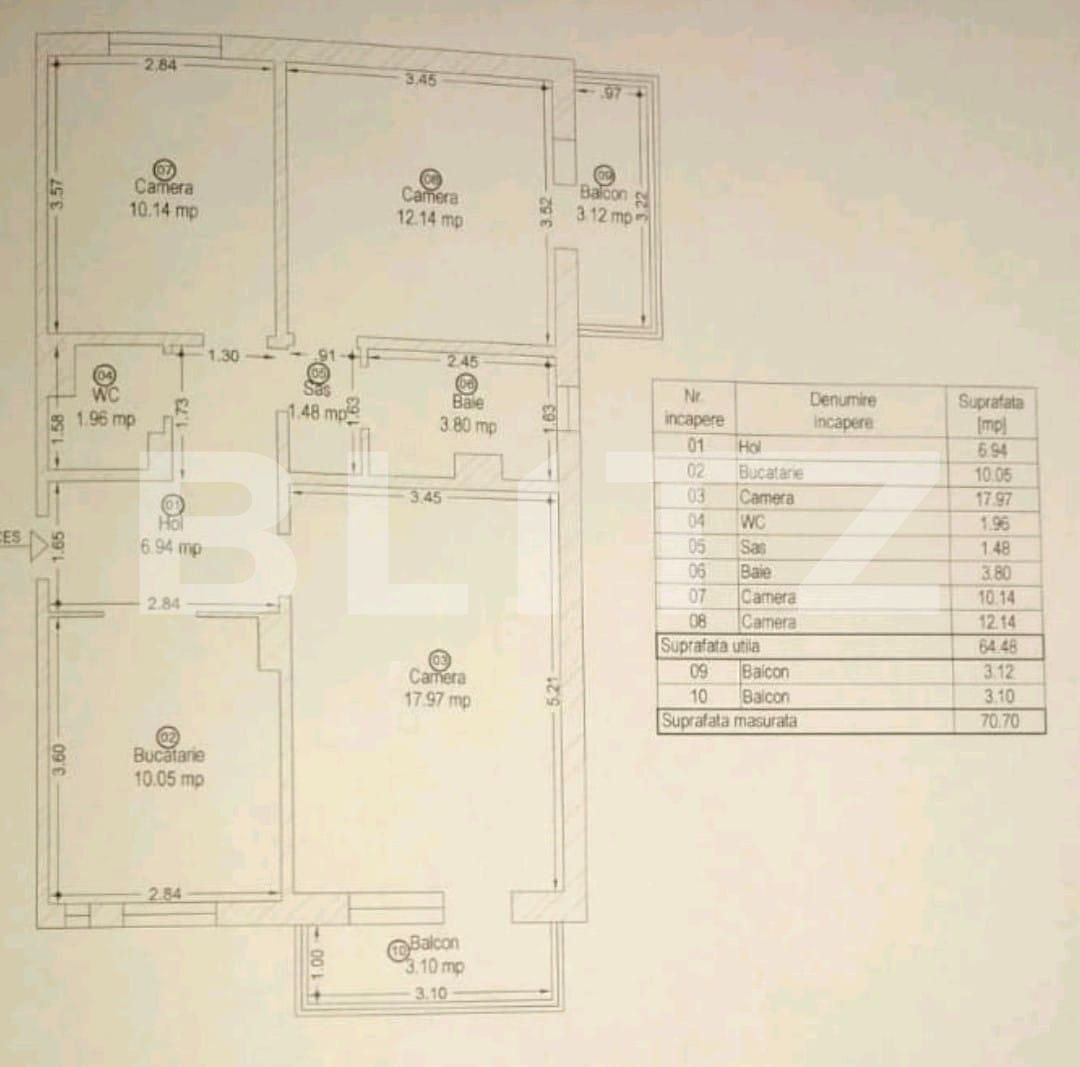 Apartament cu 3 camere, 65 mp, etaj 2, Aradului