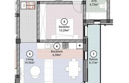 Apartament cu 2 camere 62 mp utili