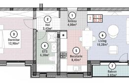 Apartament cu 2 camere 62 mp utili