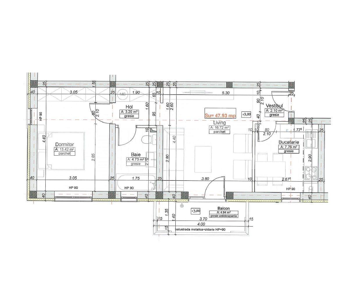 Apartament de 2 camere, 47.93 mp utili, balcon,finisat