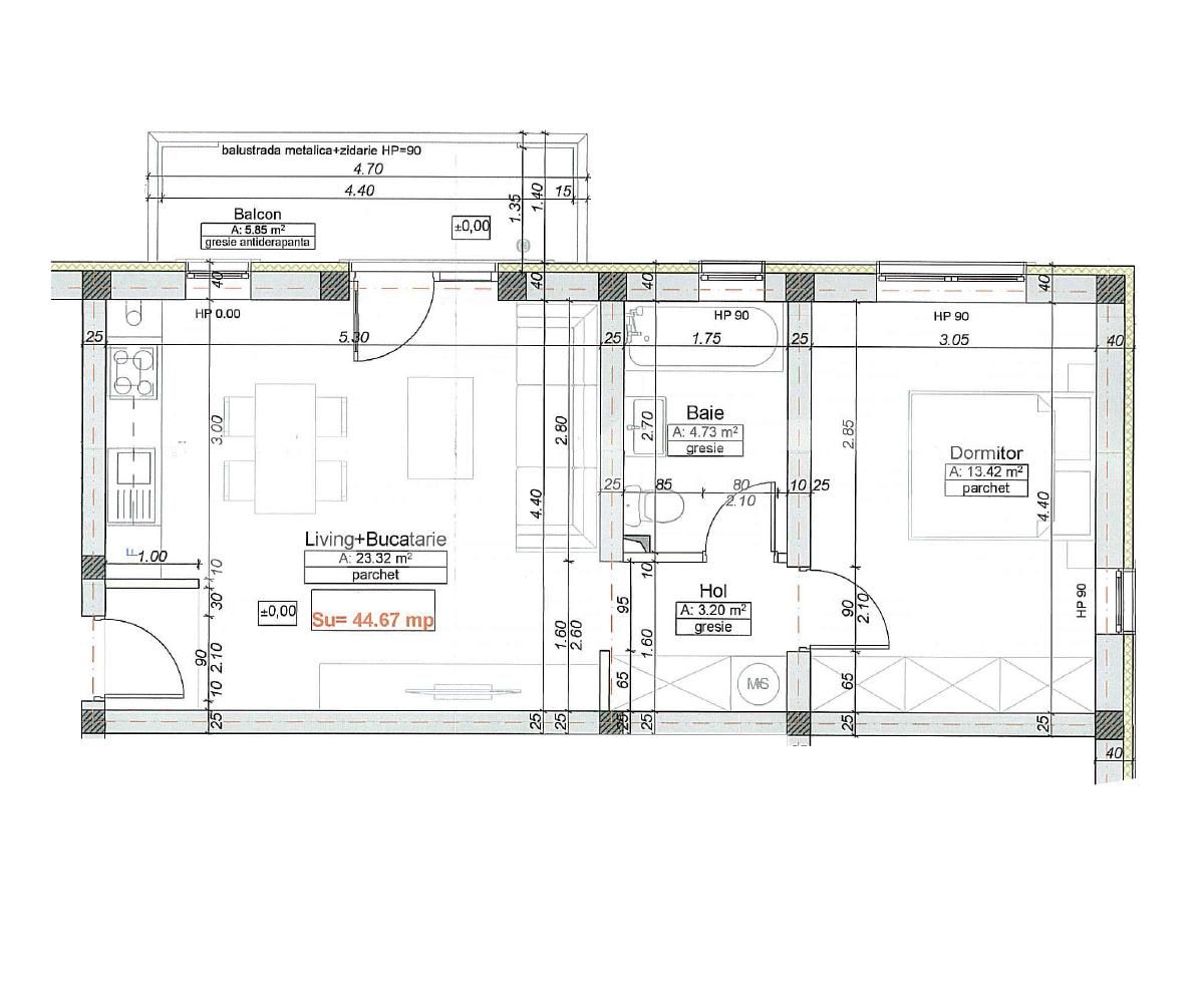Apartament de 2 camere, 44.67 mp utili, balcon, etaj intermediar