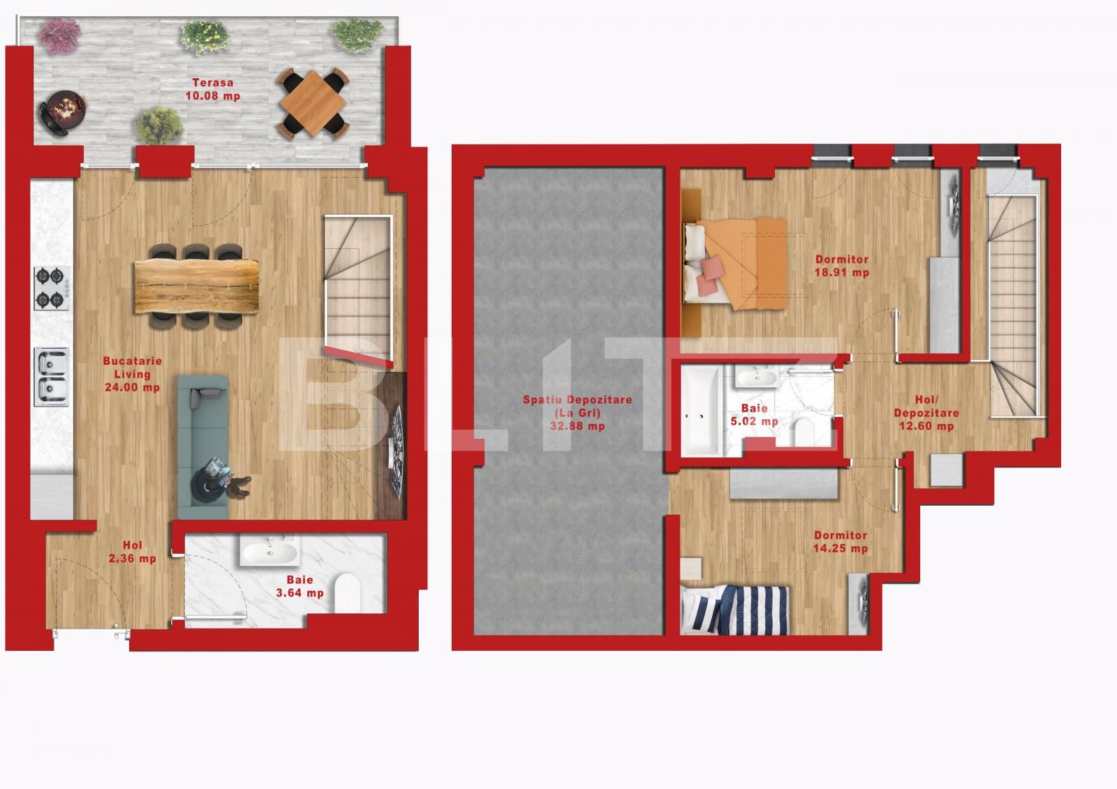 Super pret! Penthouse pe 2 niveluri, living + bucatarie, 2 dormitoare, 2 bai, terasa si spatiu de depozitare